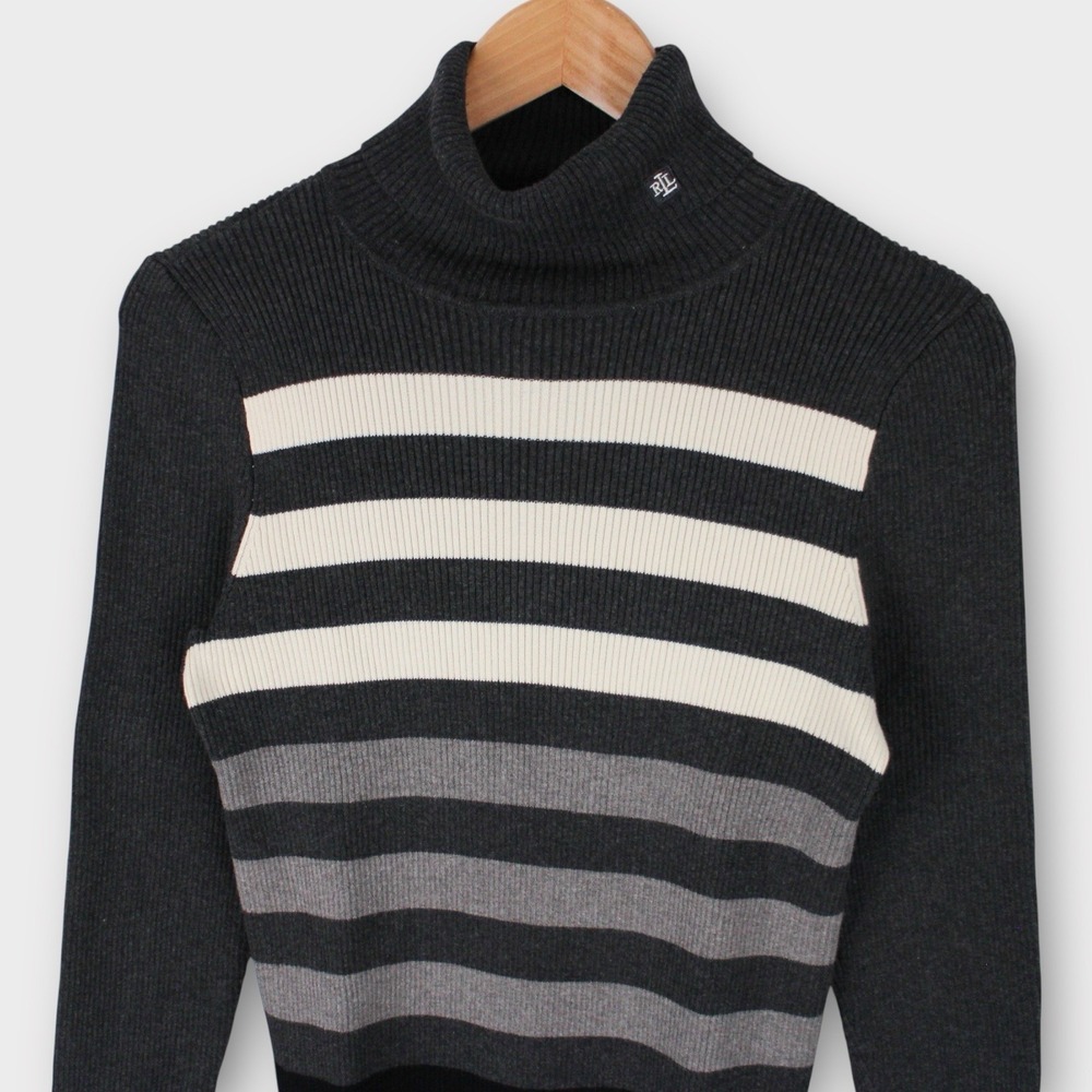 Lauren Ralph Lauren Ribbed Turtleneck Sweater Black Gray Striped Size Large - Picture 2 of 5